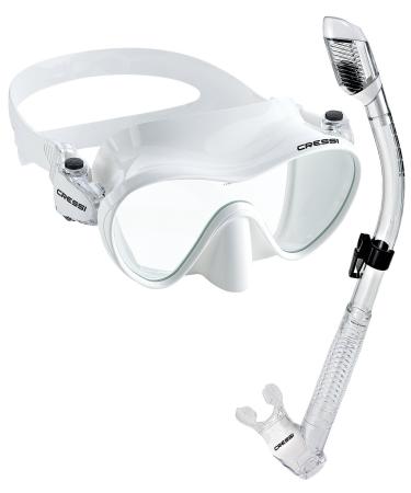 Cressi Italian Boutique Collection - Tempered Glass Lens Frameless Scuba Snorkeling Dive Mask - Splash Guard Dry Snorkel Set - Designed for Scuba Diving Snorkel and Freediving Opaque blanche