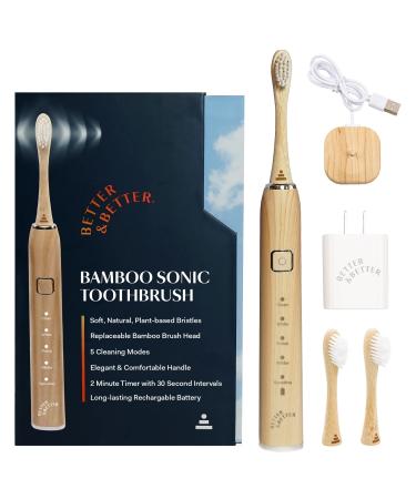 Better & Better Sonic Bamboo Electric Toothbrush for Adults | Rechargeable Electric Bamboo Toothbrush w/Plant-Based Bristles | Soft Bamboo Brush Heads incl. | 5 Cleaning Modes & Long-Lasting Battery