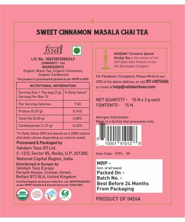 Vahdam Sweet Cinnamon Masala Chai Tea Bags - 100% Natural Spiced Chai 30 Pieces for Hot or Iced Tea - Buy Online on GoSupps.com