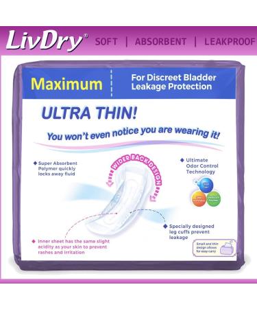 LivDry Incontinence Ultra Thin Pads for Women - Maximum 72-Count - Leak Protection and Odor Control - Buy Online on GoSupps.com