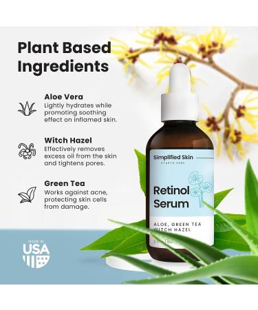 Retinol Serum 2.5% with Vitamin E, Hyaluronic Acid & Green Tea - Anti-Aging, Brightening | 2 oz Face & Eye Serum for Fine Lines, Wrinkles - Day & Night Formula by Simplified Skin - Buy Online on GoSupps.com