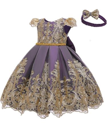 Myrisam Baby Girl Purple Embroidered Christening Dress with Headwear - 3-6 Months | Backless Wedding Party Baptism Gown - Buy Online on GoSupps.com