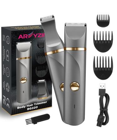 AREYZIN Groin Hair Trimmer for Men Women Electric Ball Trimmer Shaver for Back Chest Armpit Legs Pubic Hair USB Rechargeable Replaceable Snap-In Ceramic Blades IP7X Waterproof for Wet and Dry Use Gray+gold