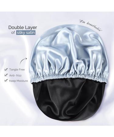 Adjustable Double-Layer Satin Sleeping Bonnet | Silk Hood for Women - Gray Blue/Black - Buy Online on GoSupps.com