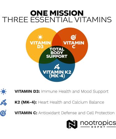 Nootropics Depot Vitamin D3 + K2 with Vitamin C Tablets | 60 Count | Cholecalciferol + Menaquinone-4 (MK-4) | Mood & Bone Health | Healthy Calcium Absorption 1 Count (Pack of 60) - Buy Online on GoSupps.com