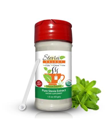 Stevia Select Organic Stevia Powder - Sugar Free Plant Based Stevia Sweetener USDA Certified | Non GMO Pure Stevia Extract from Sweet Leaf | Sugar Substitute No Fillers, Zero Calorie Sweetener 1.5 Ounce 1.5oz Powder