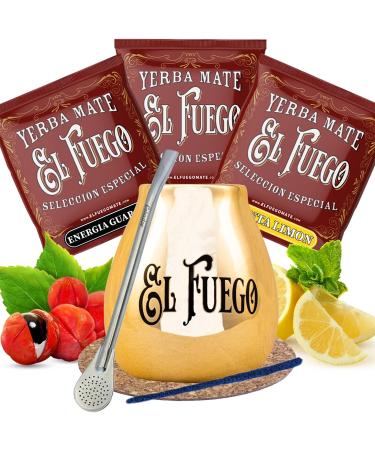 Yerba mate ensemble d' chantillons avec accessoires | Yerba mate El Fuego | Calebasse yerba mate bombilla | 3x50g | Yerba mate du Paraguay | Caf ine naturelle