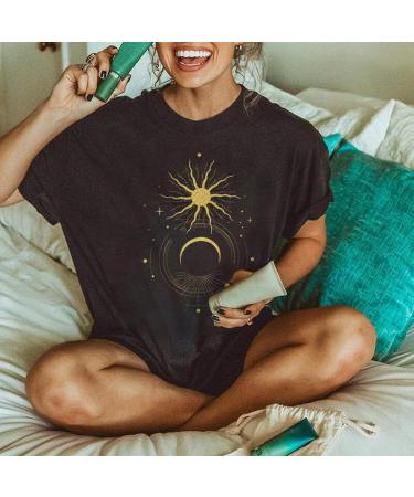 Sun and Moon Print Vintage Graphic Tee | Plus Size Short Sleeve Shirt | Western Streetwear Top for Women - Dark Gray XXL - Buy Online on GoSupps.com