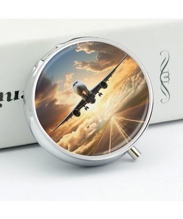 Round Airplane Print Pill Box - 3 Compartment Portable Metal Organizer | Decorative Pocket Pill Case for Medicines - Buy Online on GoSupps.com