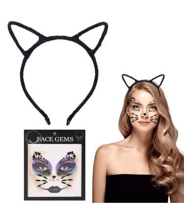 SwirlColor Cat Ears Headband Halloween Black Cute Furry Cat Ears Hair Bands with Self-Adhesive Face Gems Glitter for Kids Adults Fancy Dress Cosplay Party