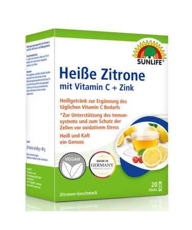 Sunlife hot lemon with vitamin C & zinc - 1x20 powder sticks - nutritional supplement to support the immune system - per daily dose 160 mg vitamin C & 5 mg zinc - lemon hot drink 20 portions (20 pack)