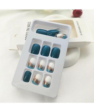 Buy Square Press on Nails - Short Sea Blue Glossy Acrylic Fake Nails with Golden Glitter | 24 Pcs Full Cover Stick-on Nails for Women & Girls - Buy Online on GoSupps.com