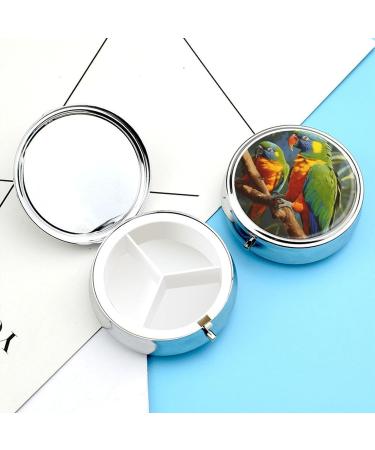 Round Pill Box with Parrot Painting - 3 Compartment Pill Organizer - Decorative Metal Portable Pocket Pill Case - Buy Online on GoSupps.com