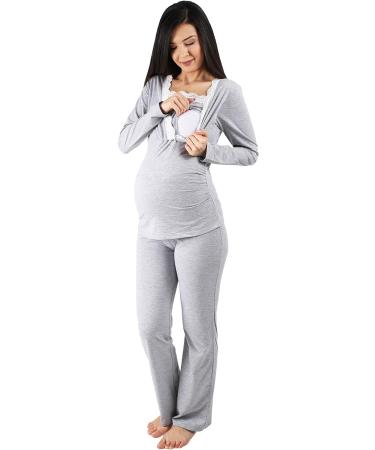 Nursing Pyjamas Set with Lace for Women - Maternity Sleepwear for Pregnancy & Breastfeeding XL Gray - Buy Online on GoSupps.com