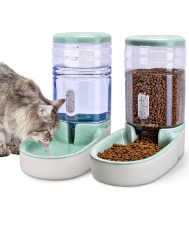 Automatic Dog Cat Feeder and Water Dispenser Gravity Food Feeder and Waterer Set with Pet Food Bowl for Small Medium Dog Puppy Kitten, Large Capacity 1 Gallon x 2 Green