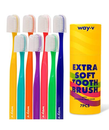 WAY.V Extra Soft Toothbrush with Individual Head Covers 7 Pcs Soft Bristle Manual Toothbrushes for Sensitive Gums - Family and Guests (7 Counts)
