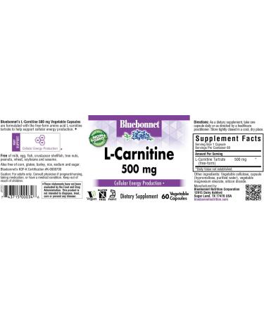 Bluebonnet L-Carnitine 500mg Vitamin Capsules White - 60 Count - Buy Online on GoSupps.com