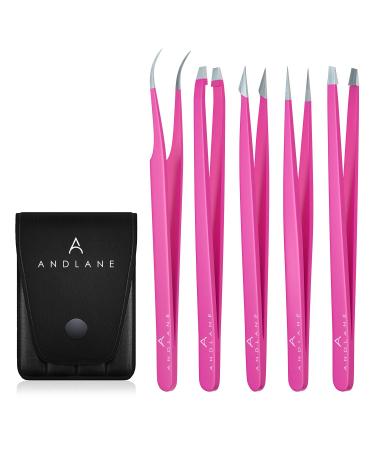 Andlane Tweezers Set - Professional Stainless Steel 5-Piece Precision Tweezer for Men & Women - Great for Facial Hair Removal  Eyebrow Shaping  Splinters & Ingrown (Pink)