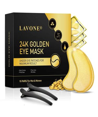 Eye Mask - 15 Pairs 24K Gold Under Eye Patches - Eye Masks Skincare for Dark Circles and Puffiness  Reduce Wrinkles  Eye Bags and Fine Lines  Under Eye Mask Skin Care for Women and Man  with Hair Clips. 15 Pair Gold