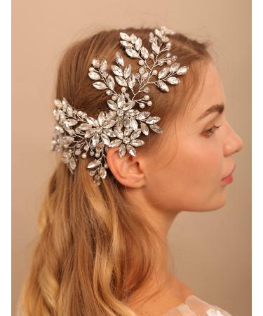 BERYUAN Women Large Hair Comb Silver Bridal Rhinestone Crystal Flower Wedding Hair Accessory Pearl Party Headpiece for Bride Bridesmaid Girls (Silver)