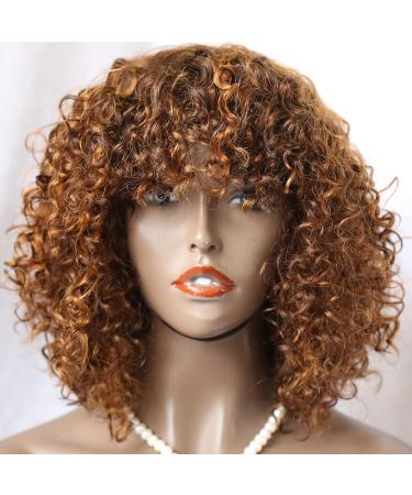 IMAYLI 12 Inch Short Human Hair Wig for Black Women - Glueless Ombre Deep Curly Bob with Bangs | 200 Density Highlight Blonde Deep Wave Wig - P4/30 - Buy Online on GoSupps.com