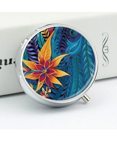 Round Tropical Leaves Pill Box | 3 Compartment Decorative Metal Organizer | Portable Tribal Design - Buy Online on GoSupps.com