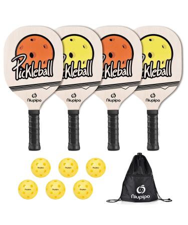 niupipo Pickleball Paddles, Pickleball Set with Balls and 1 Carry Bag, 7-ply Basswood Wood Pickleball Paddles, Pickleball Rackets with Ergonomic Cushion Grip, Wooden Pickleball Paddle for Beginner yellow and orange