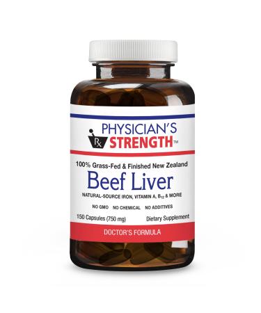 Physician's Strength Beef Liver - 150 Capsules - Natural Source of Iron Vitamin A & B12 - 100% Grass Fed - Non-GMO & No Additives - 30 Servings