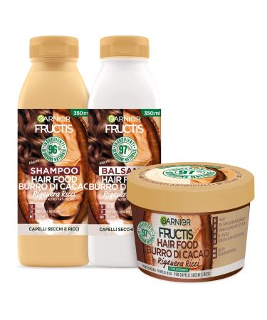 Garnier Fructis Hair Food Beurre de Cacao Shampoing 350ml + Apr s-Shampoing 350ml + Masque Triple Usage 390ml pour Cheveux Secs et Boucl s 98% d'Ingr dients d'Origine Naturelle - Lot de 3