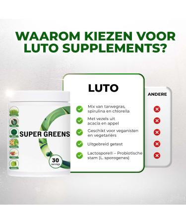  Luto Supplements Super Greens - 300g - Superfood Mix Smoothie 100% Natural Power - Lactospore Probiotic & 27 Types of Fruits and Vegetables - Luto Supplements - Buy Online on GoSupps.com
