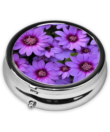 Purple Lily Flower Printed Mini Round Pill Box | 3 Compartment Pill Organizer for Travel Home & Office | Portable Medicine Case - Buy Online on GoSupps.com