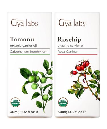 Gya Labs Organic Tamanu Oil for Skin & Rosehip Carrier Oil for Face Set - Aromatherapy Grade Essential Oils Set - 2x1 fl oz
