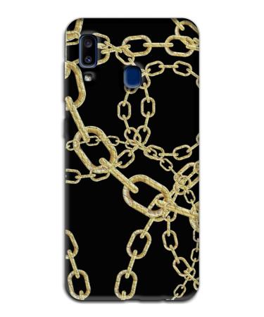 Soft TPU protective case for Samsung A20 E 056 leather black elegant chains gold luxury