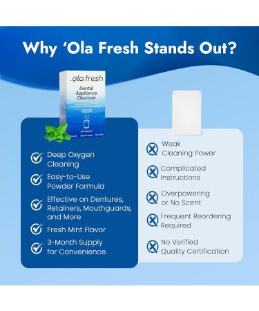 Ola Fresh Retainer Cleaner Powder Solution for Denture Aligner Nightguard Mouthguard & Retainer Mint Essence Flavor 12 Packets (3 Month Supply) 3 Month Supply - Buy Online on GoSupps.com