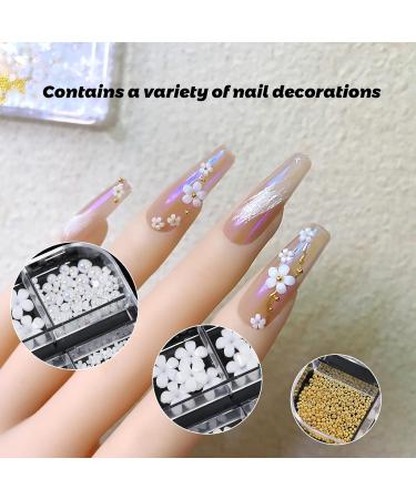 3D White Nail Flowers- 2 Set Acrylic Charms with Pearls, Caviar Beads, and Resin Decals for Women & Girls Nail Art - Buy Online on GoSupps.com