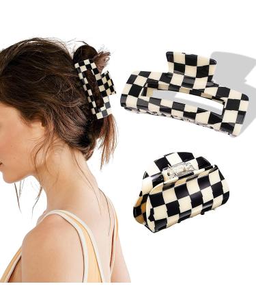 2 Pack Vintage Checker & Banana Hair Clips - Acrylic Black & White Jaw Clips for Strong Hold | French Tortoise Grip Jewelry for Women & Girls - Buy Online on GoSupps.com