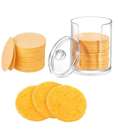 Geiserailie 50 Pieces Compressed Natural Facial Sponges Round Soft Face Exfoliator Cleansing Sponge Reusable Cosmetic Sponge with Clear Plastic Sponge Storage Jar, Makeup Removal (Yellow)
