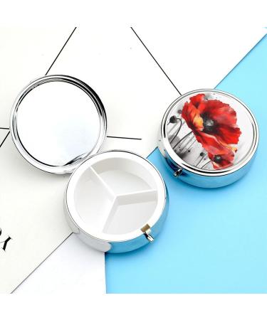 Round Poppy Flower Pill Box - 3 Compartment Portable Medicine Organizer | Decorative Metal Pocket Pill Case - Buy Online on GoSupps.com
