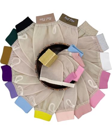 Buy Turkish 100% Raw Cocoon Silk Exfoliating Glove - Body & Face Scrub Fake Tan Remover | Feel Fine (Cream & Lilac) - International Shipping Available - Buy Online on GoSupps.com