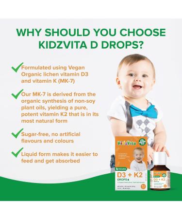 KidzVita - Organic Vegan Vitamin D3 & K2 Drops 400 IU - Support Healthy Bone Teeth and Immunity - Children s Multivitamin For 1 to 8 Years Old 3.6 ML 90 Servings - Buy Online on GoSupps.com