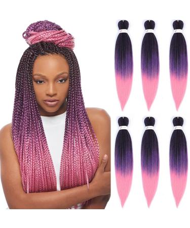 Pre-stretched Braiding Hair 26" Easy Braid 6 Packs Professional Kanekalon Synthetic Fiber Crochet EZ Braids Yaki Texture Braiding Hair Extensions (1B/Purple/Pink) 26 Inch (Pack of 6) T1B/Purple/Pink