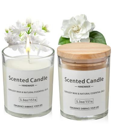 VETOUR Glass Aromatherapy Candles:2PCS Gardenia+ Jasmine Scented Soy Candle 10.6 OZ 80 Hours 8% Natural Essential Oils Fragrance Set Gift for Women Friends Mother's Day Christmas Gardenia-jasmine 2pc
