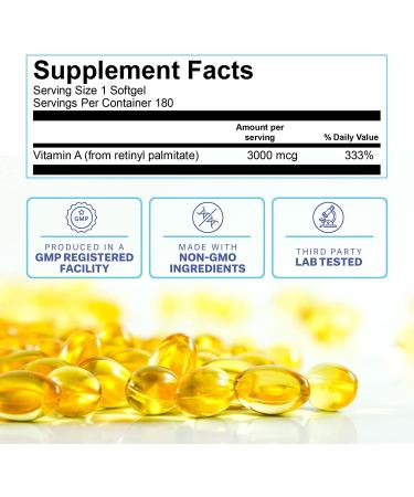 Vitamin A Softgels (10000 IU 180 CT) Non-GMO Premium Dietary Supplement - Immune Support & Cellular Health from Fish Liver Oil - Buy Online on GoSupps.com