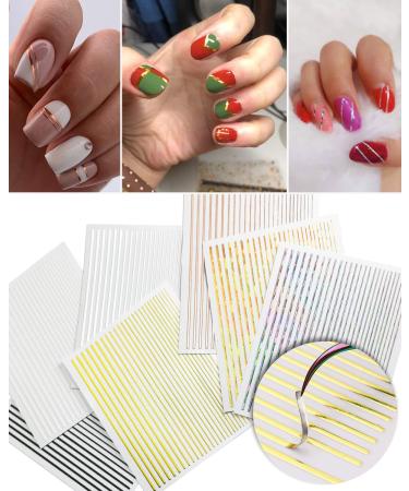 7 Sheets Nail Striping Tape Metallic Lines French Tip Manicure Strip Adhesive Holographic Foil Design Gold Sticker Decals for Nail Art Holographic 7