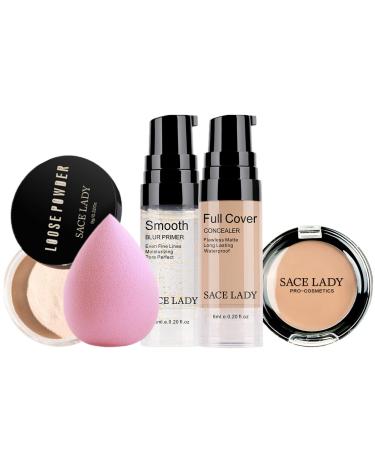 Oil-Free Face Powder & Full Coverage Foundation Concealer & Moisturizing Primer & Soft Sponge Waterproof Make Up Set Long Lasting Poreless Makeup 5Pcs