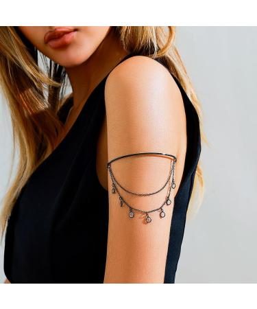 Black Layered Open Cuff Armlet - Halloween Party Costume Jewelry with Black Tassels - Buy Online on GoSupps.com