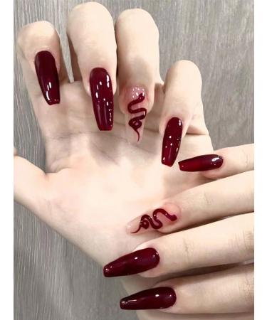 24pcs Snake Red Coffin Fake Nail Snake Red 3D Press on Nails Handmade Red Snake Nails Luxurious Nails Acrylic Nails Fake Nails For Women Girls