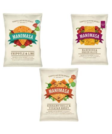 Manomasa Gluten Free Tortilla Chips Pick N Mix - Choose From 3 Flavours | Chipotle & Lime Manchego & Green Olive Serrano Chilli & Yucatan Honey Tortillas with Spirit Chip - Pack of 3 (1 of Each) 40 g (Pack of 3)