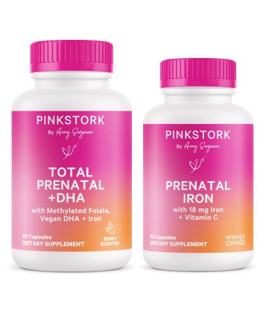 Pink Stork Prenatal + Iron Bundle - Total Prenatal with DHA Prenatal Iron Supplement Prenatal Vitamin for Women