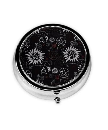 Round Pill Box 2.0x2.0x0.7 in Mini Travel Medicine Pill Organizer Box for Purse Pocket Supernatural Symbols Black Pattern